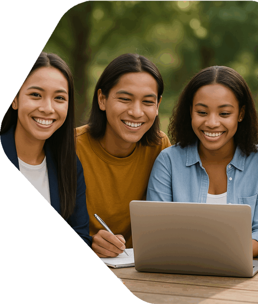 Three high school-aged students smiling. Female on left, wearing navy and white, is smiling at the camera. Male in the middle, wearing mustard yellow, is looking at the laptop. Female on the right, wearing light denim and white, is smiling at the laptop as she types.